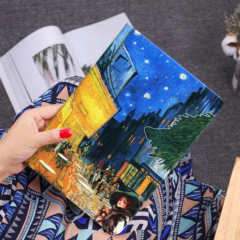 Handmade liquid silicone flip case for iPad with a floral oil painting design on the cover.