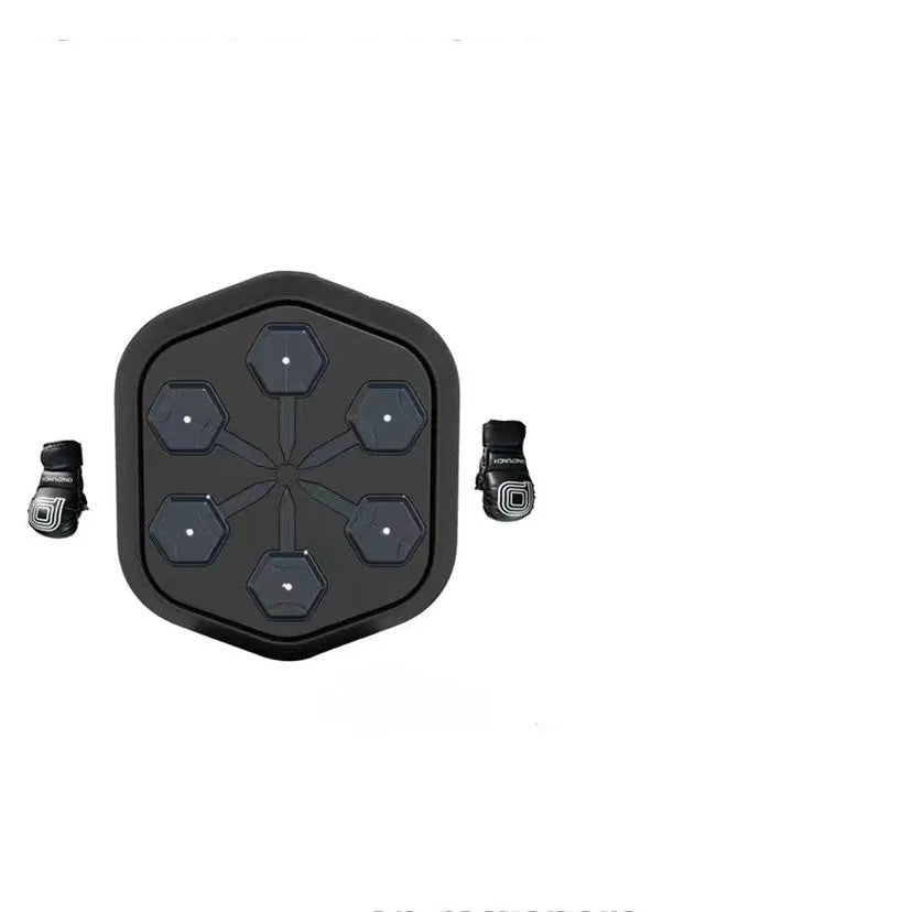 Black smart music boxing machine with Bluetooth connection and included boxing gloves
