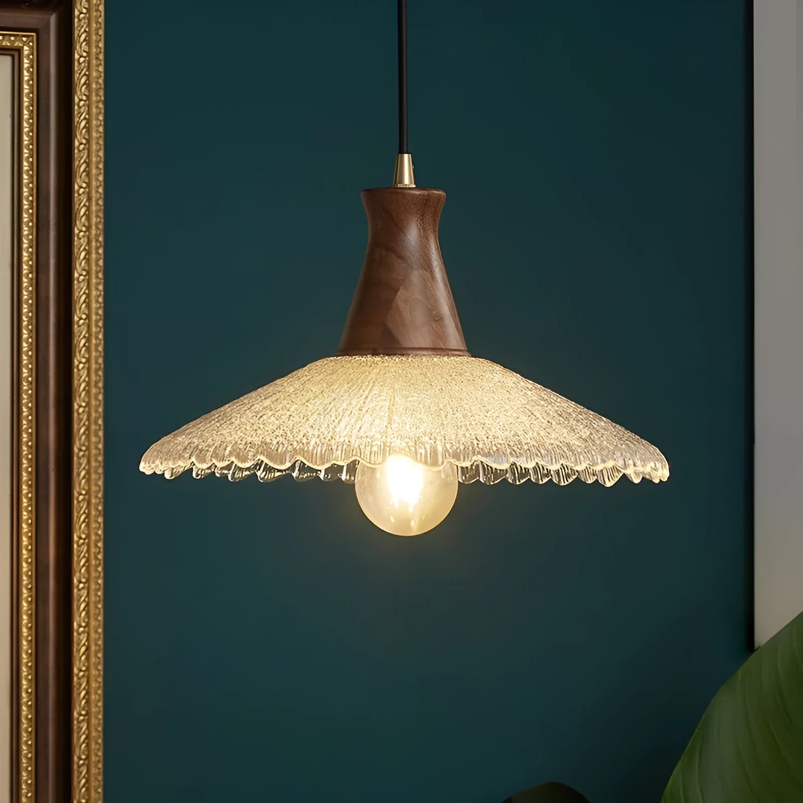 Retro wooden chandelier with brass finish and glass lampshade in three size options