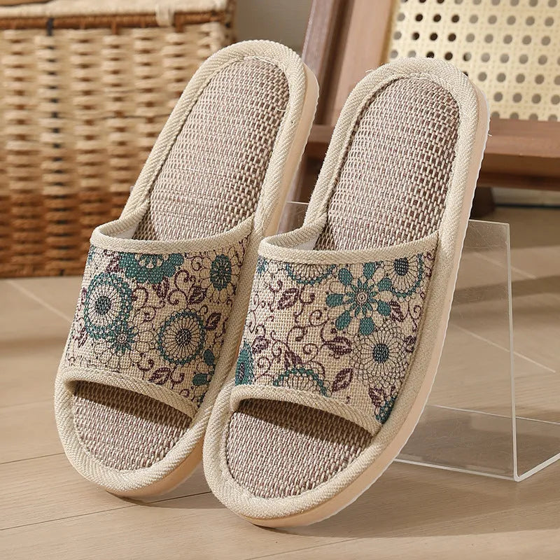 Women's open-toe linen slippers in various colours with thickening sole