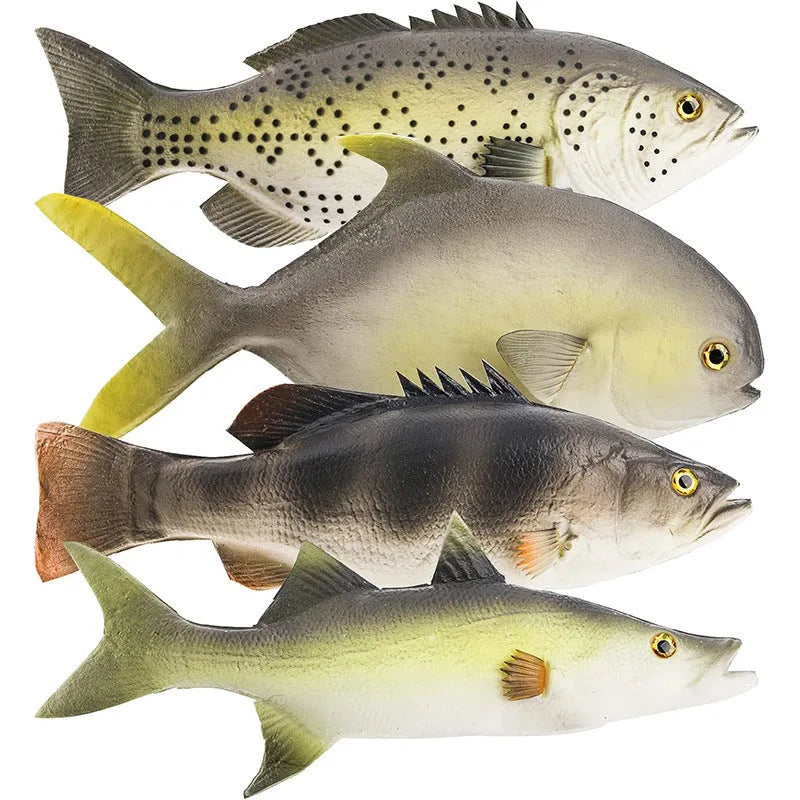 Set of three detailed PU simulated fish models: yellow-fin tuna, small tuna, and yellow croaker on a white background.