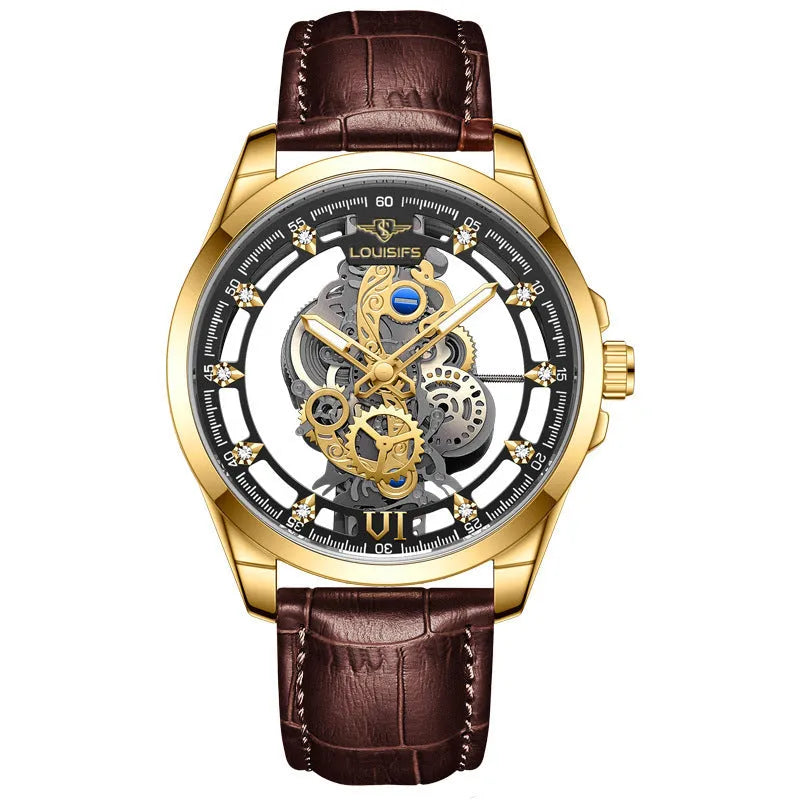 Swiss men's quartz watch with hollow design and leather strap, 12mm thickness business style