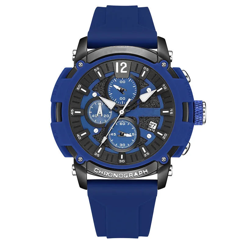Men's multi-function digital watch with luminous display on a wrist, showing black, blue, green, orange, and red colour options.