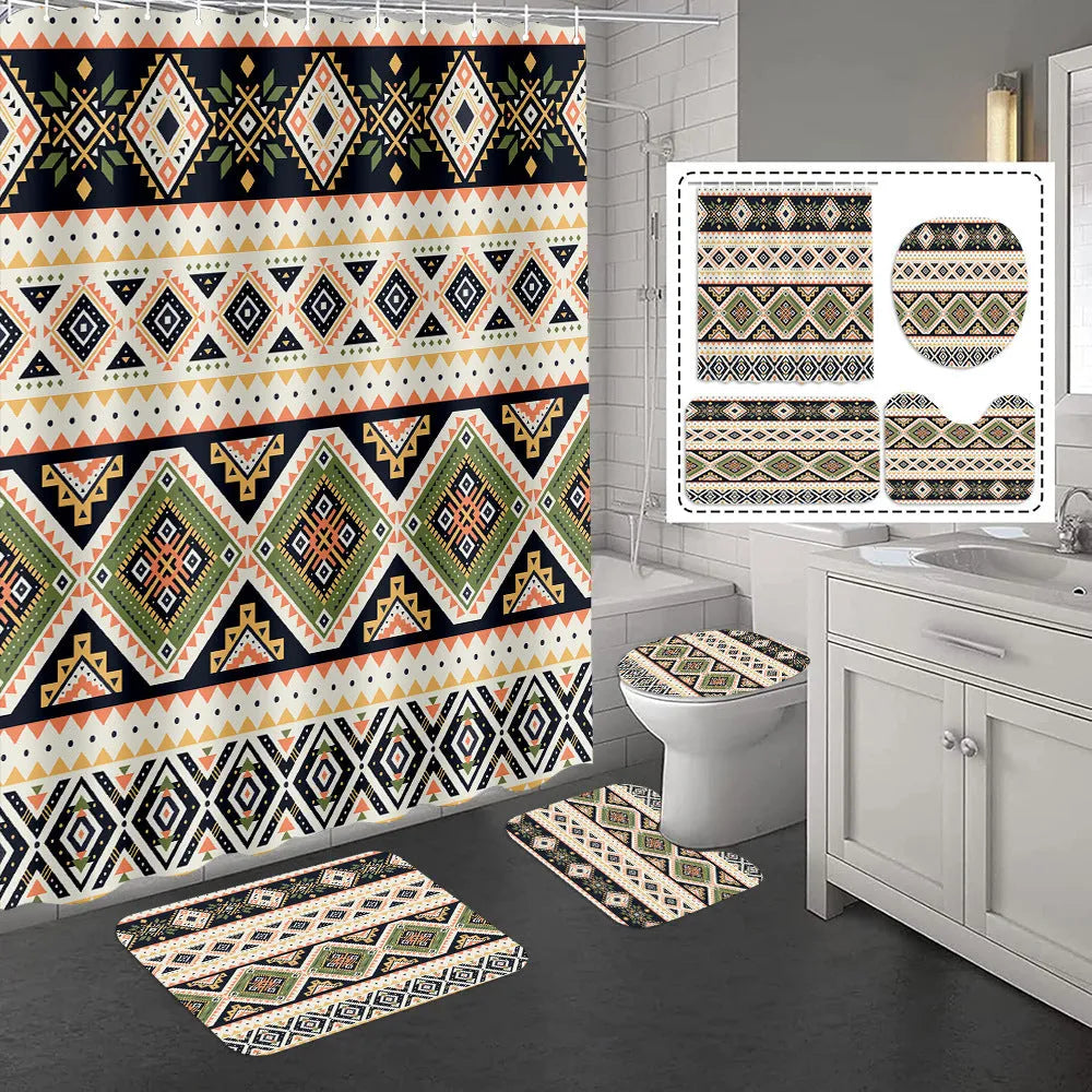 Bomi printed polyester shower curtain and anti-slip floor mat set in modern simplicity style, multiple size options