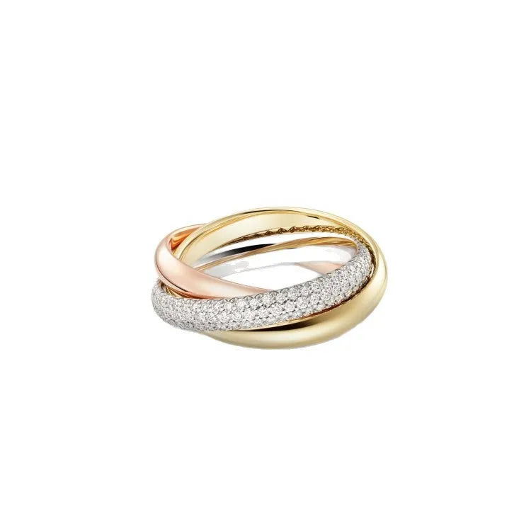 Silver couple rings showing full diamond setting and plain band options on a ring box.