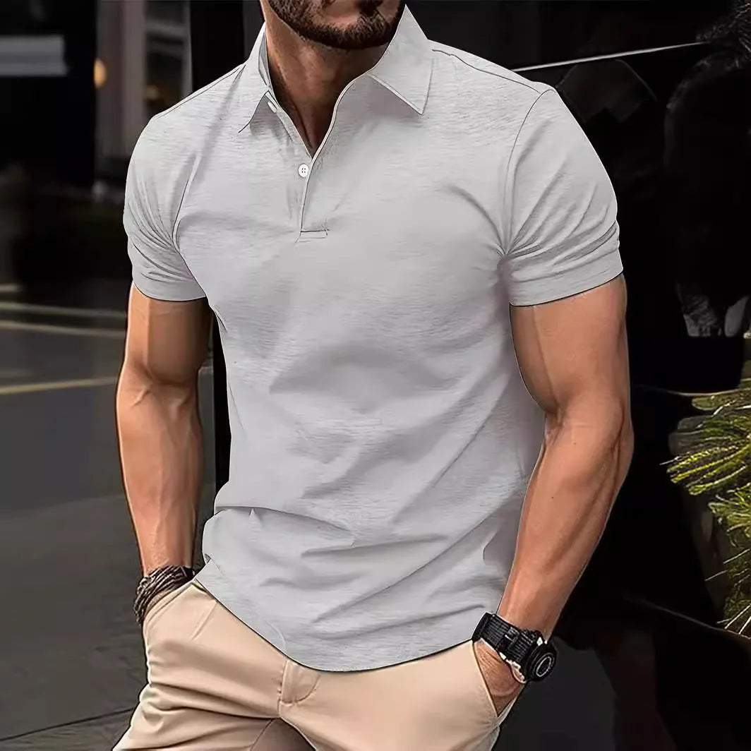 Men's slim fit solid colour short sleeve button-up shirt on a hanger