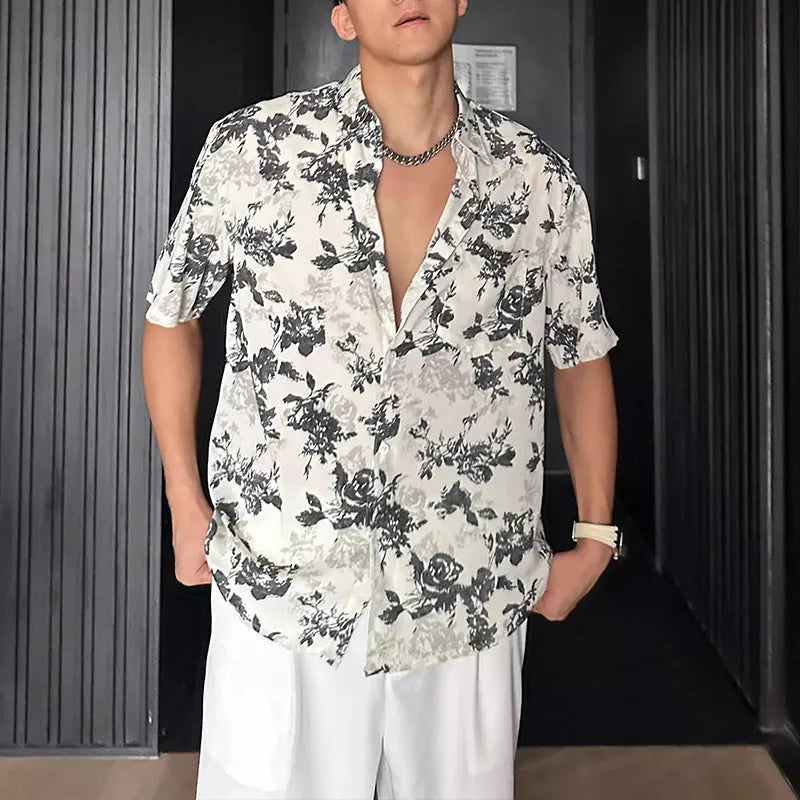 Men's loose black floral printed casual shirt with short sleeves and cardigan style