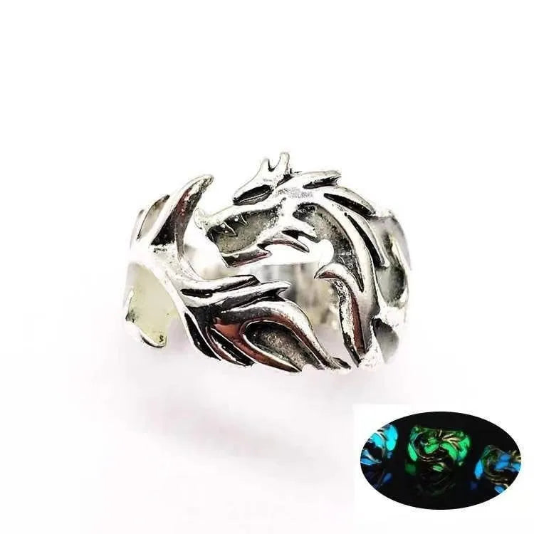 Adjustable Chinese-style dragon ring with luminous pattern in antiqued silver blue and green colours