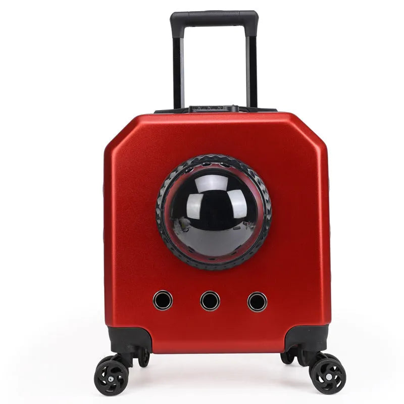 Hard PVC pet flight case on wheels in orange colour with removable luggage compartment.
