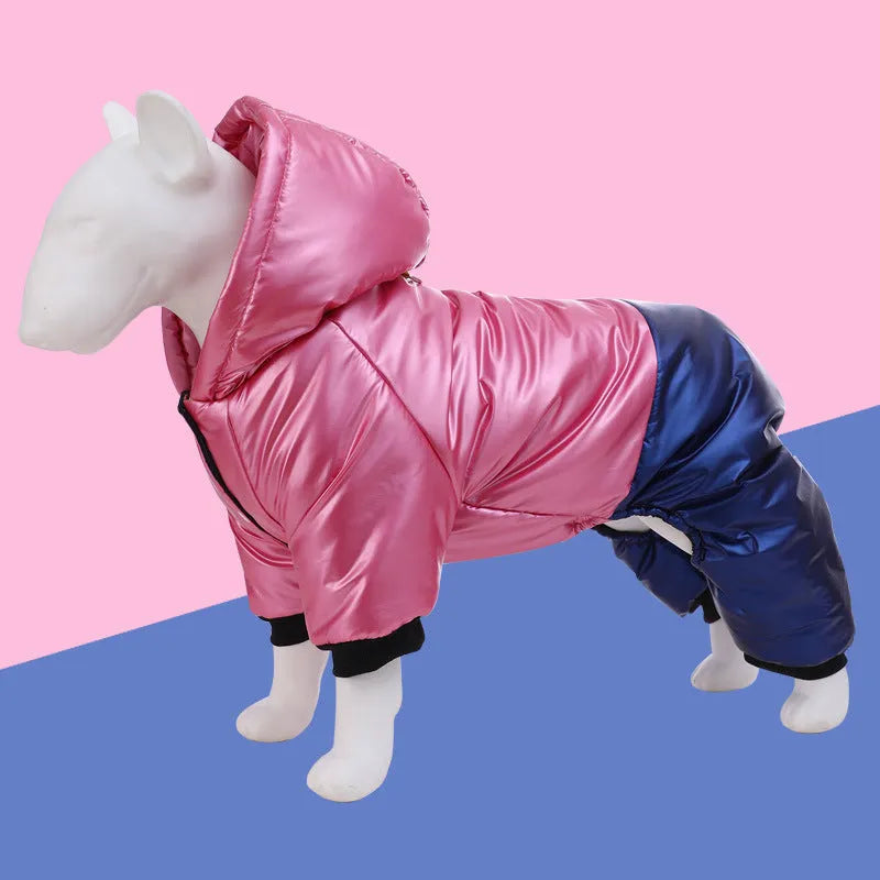 Waterproof windproof cotton-padded dog clothes with four-legged design in green, pink, or white colours
