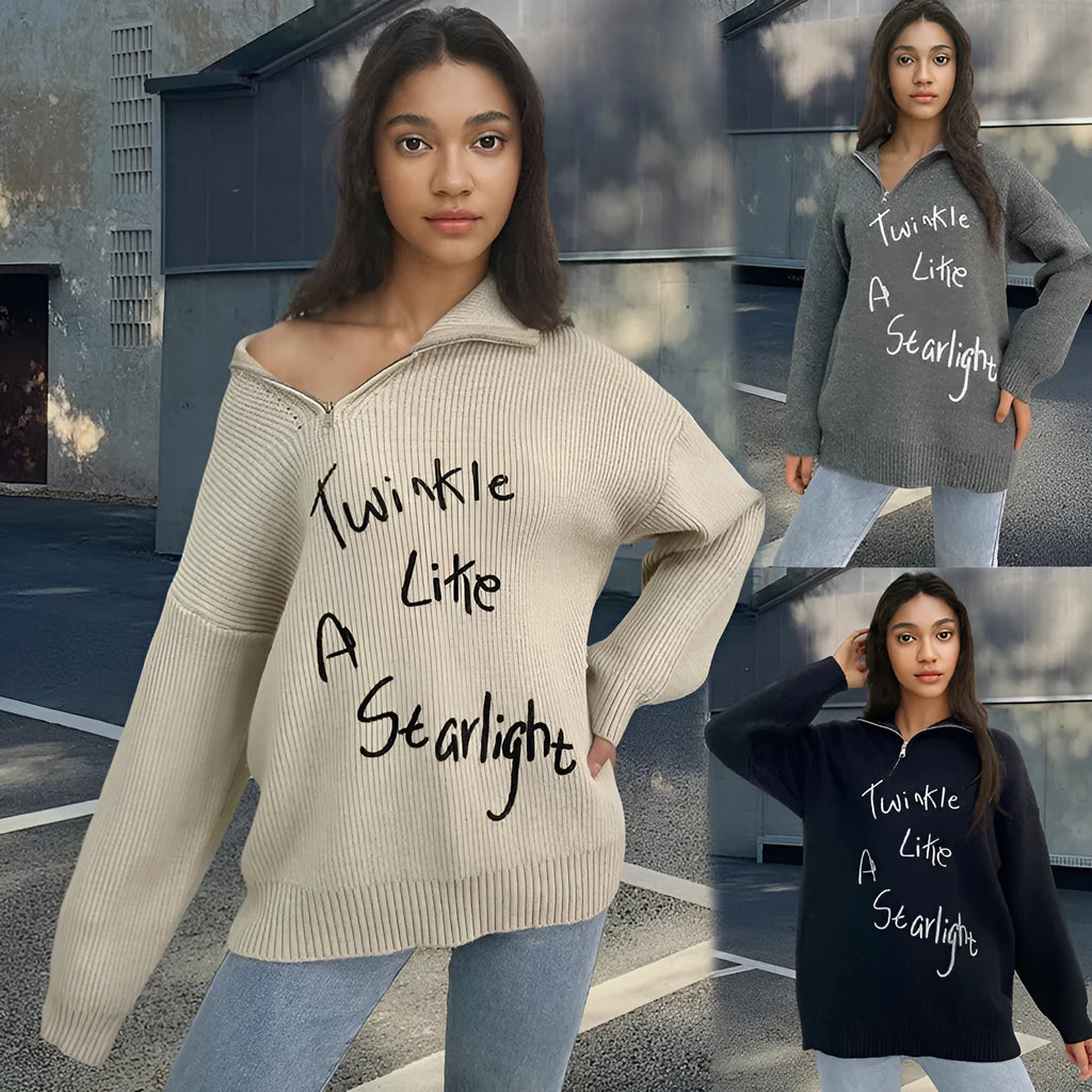 Women's light khaki alpaca wool retro sweater with loose lapels and an oblique zipper.