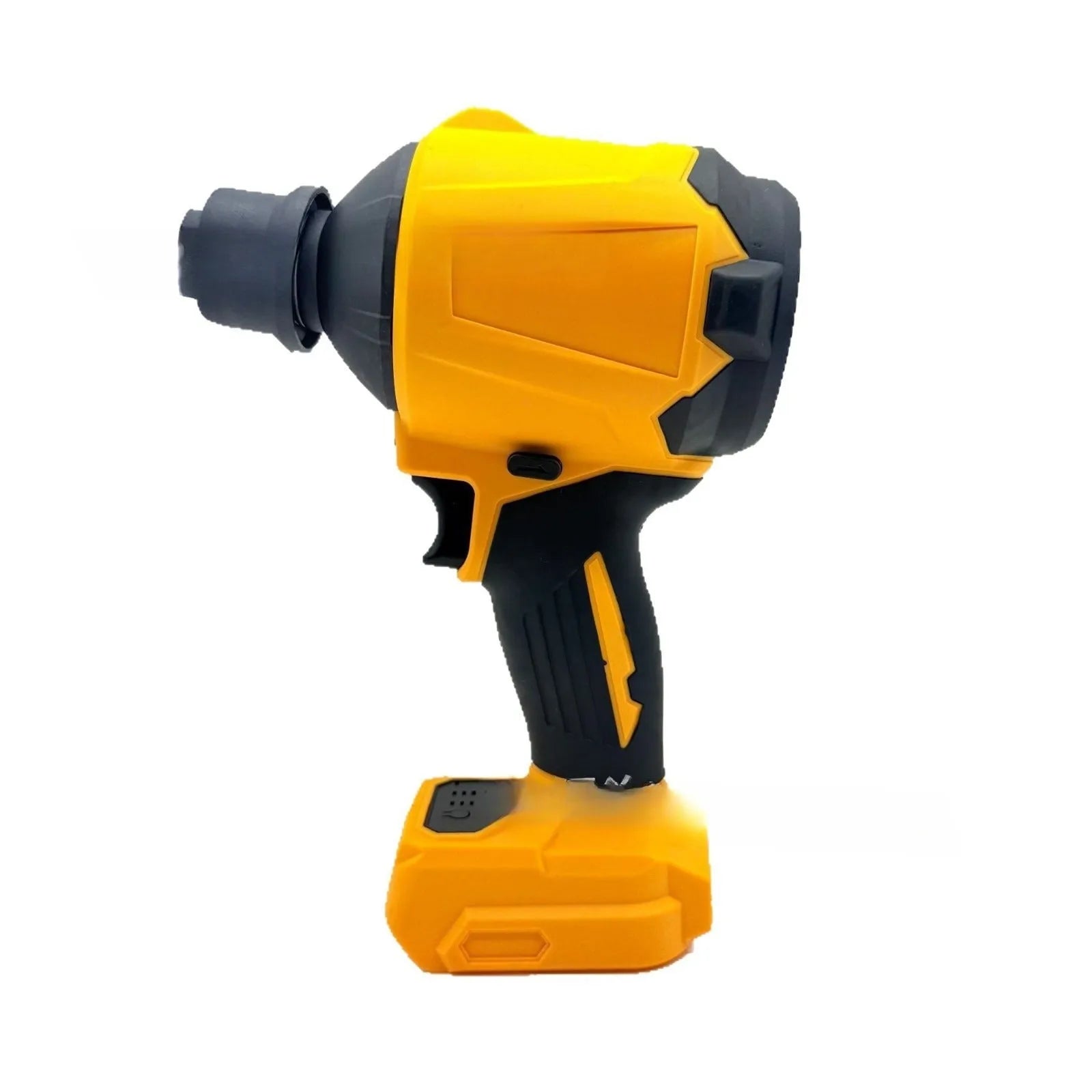 Handheld cordless lithium battery air exhauster with bare metal head for dust blowing and snow removal.
