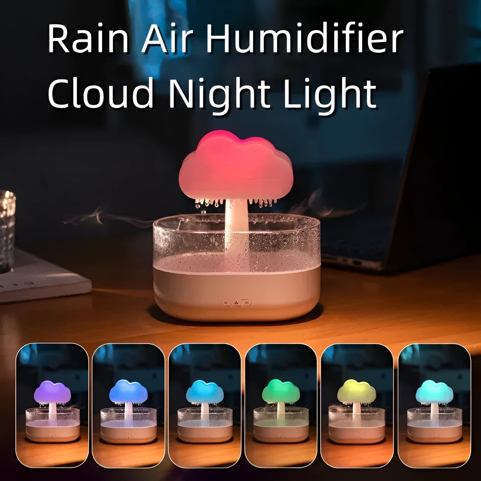Rain cloud night light humidifier with 7 colour LED and water drop sound
