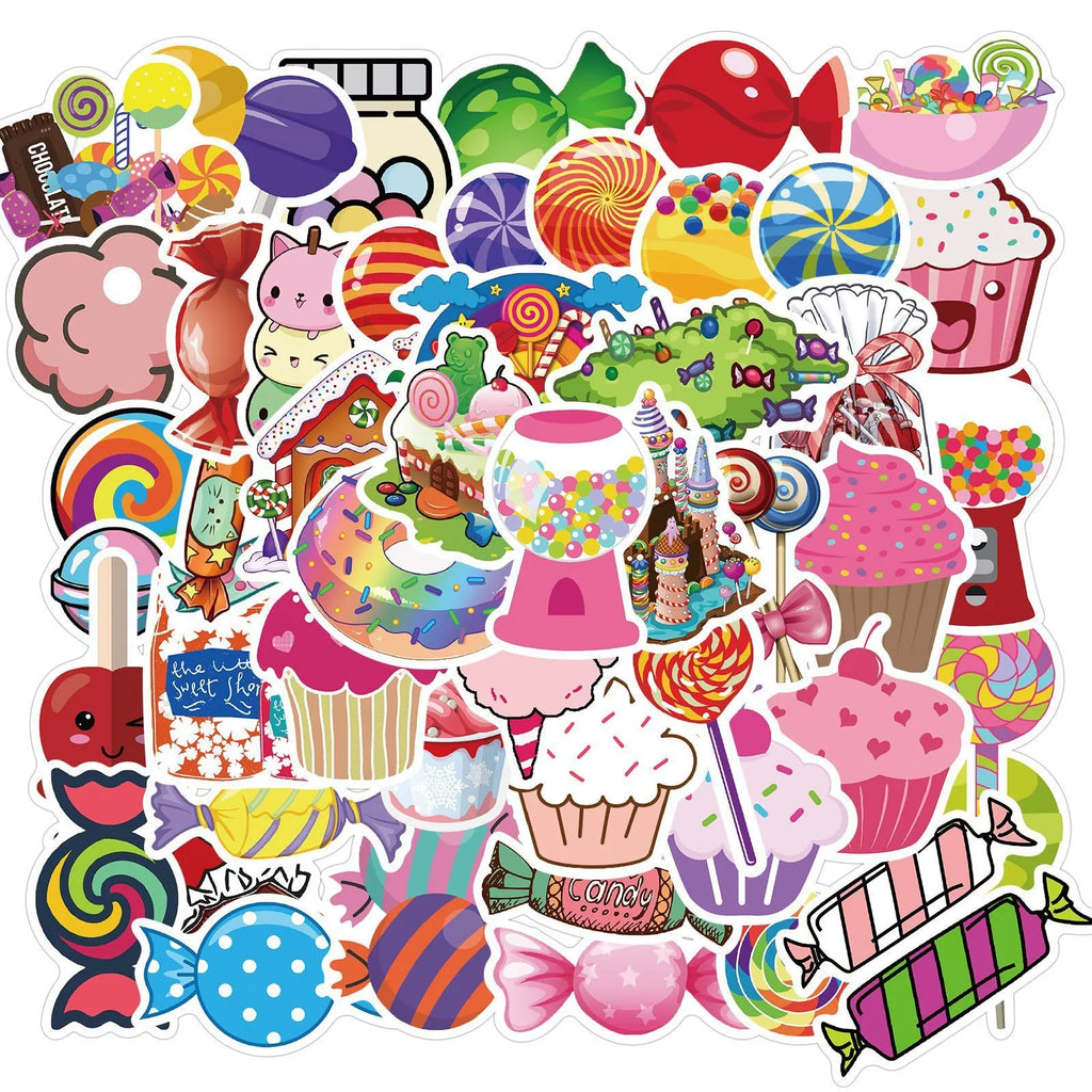 Assortment of colourful candy graffiti and cartoon stickers from a 50-piece pack on a white background.
