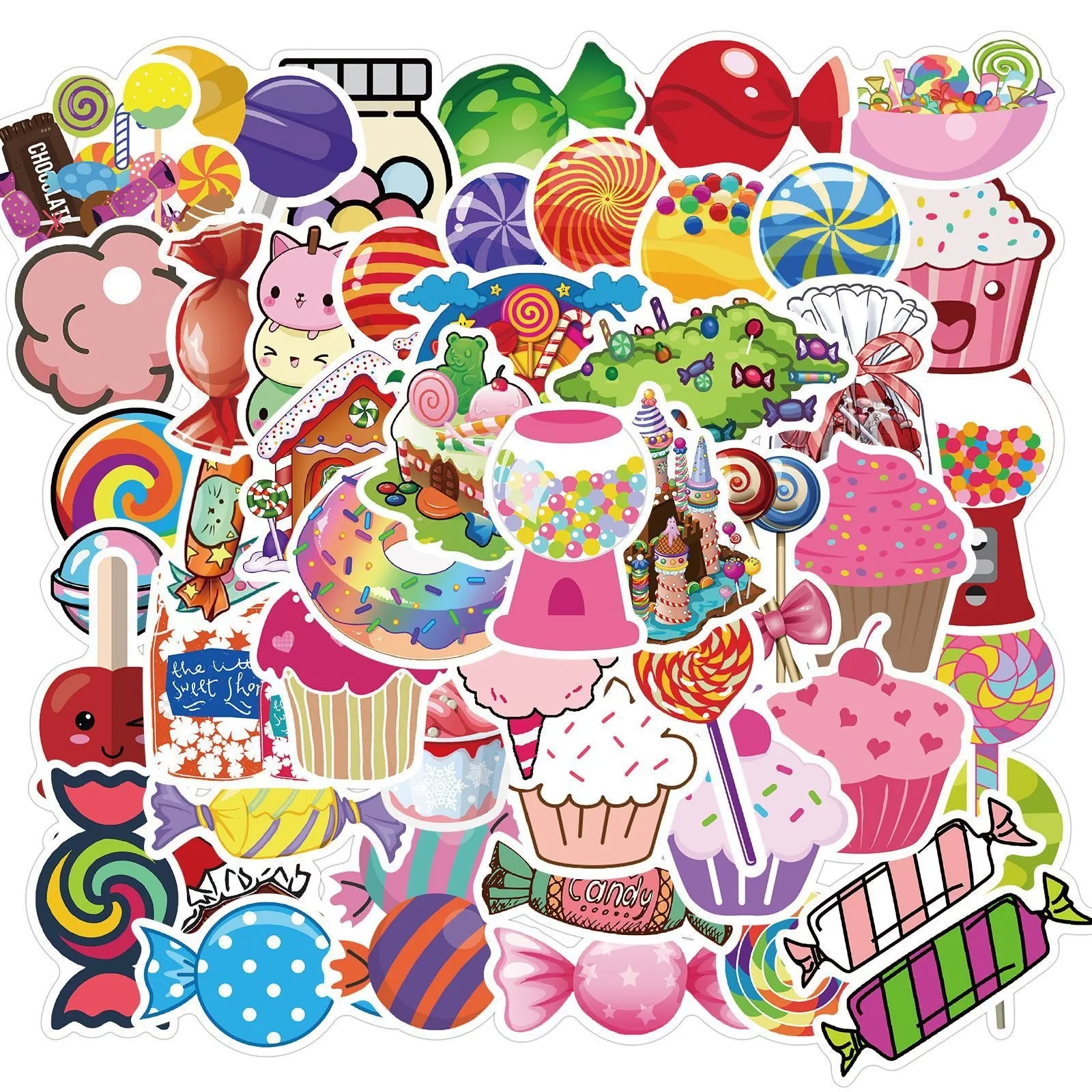 Assortment of colourful candy graffiti and cartoon stickers from a 50-piece pack on a white background.