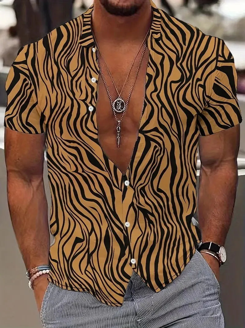 Men's slim fit geometric line print short sleeve shirt with a lapel collar.