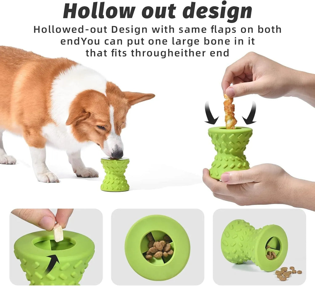 Blue natural rubber hollow dog bone treat dispensing toy with leakage holes.
