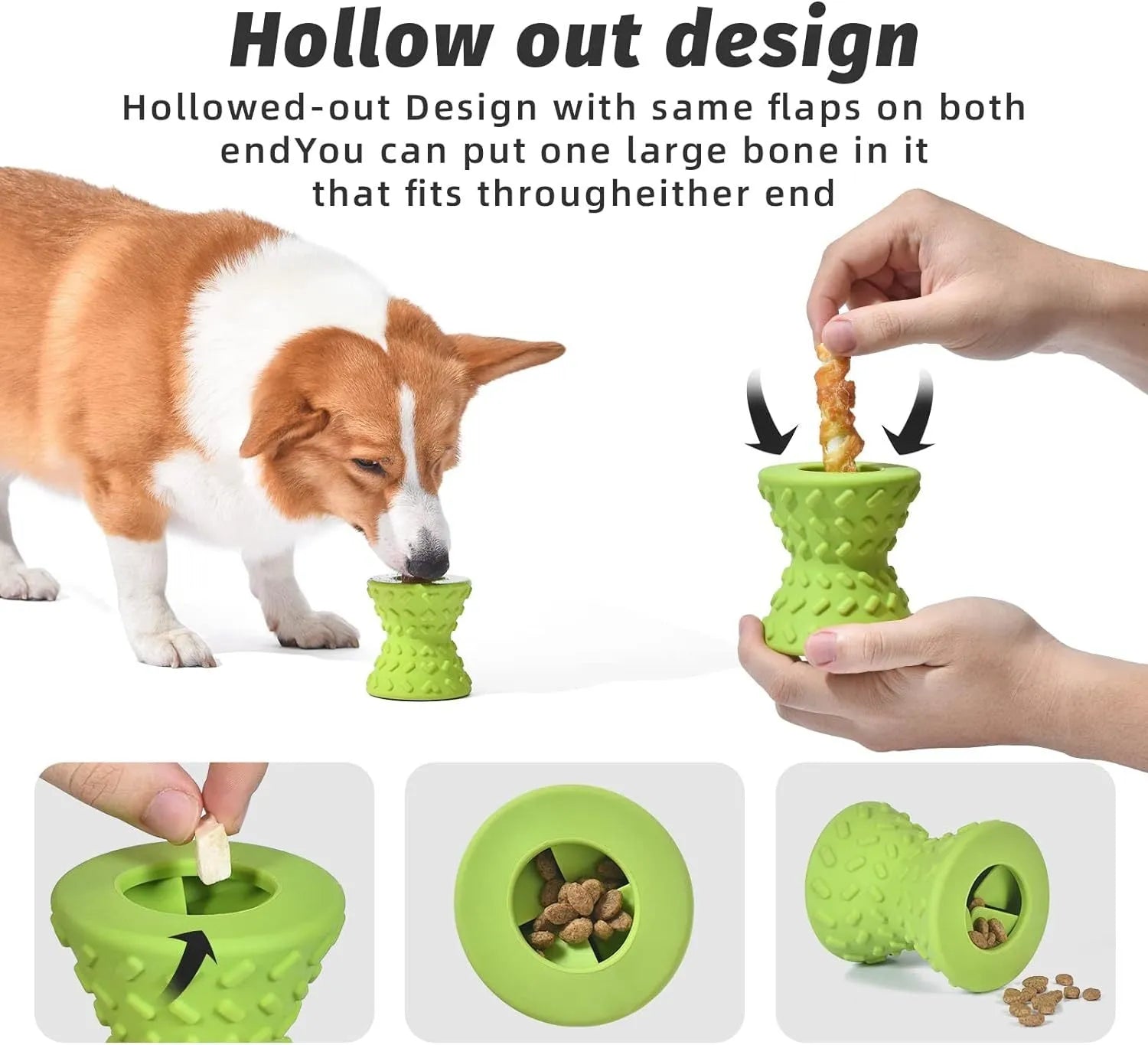 Blue natural rubber hollow dog bone treat dispensing toy with leakage holes.