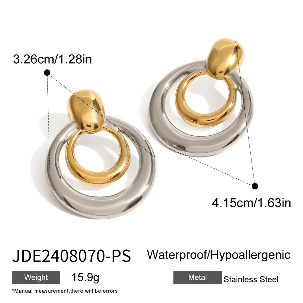 Golden round titanium steel hollow stud earrings with double layer construction and hypoallergenic properties