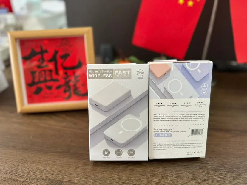 White magnetic wireless charger power bank with creative design showing dimensions 100x65mm