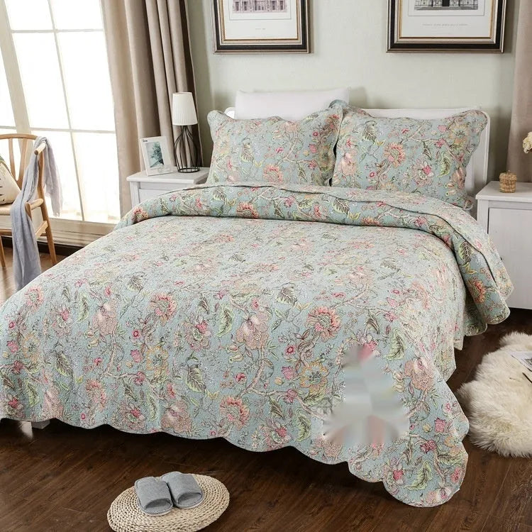Pure cotton bedspread three-piece set with geometric print pattern showing bed cover and pillowcases
