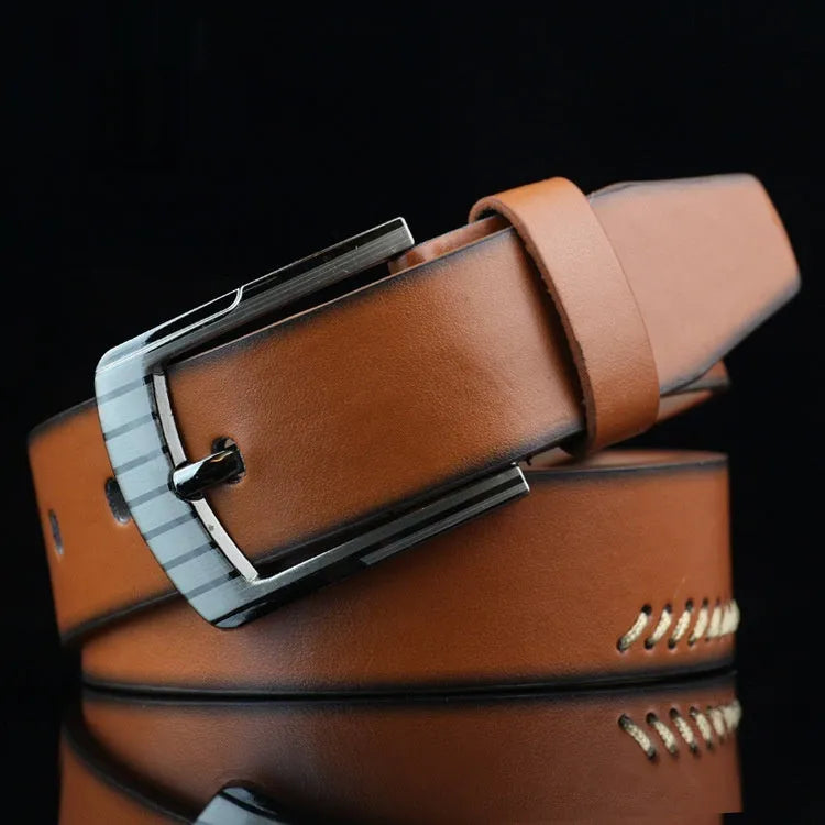 Men's retro-style imitation leather belt with pin buckle in black, brown, or white