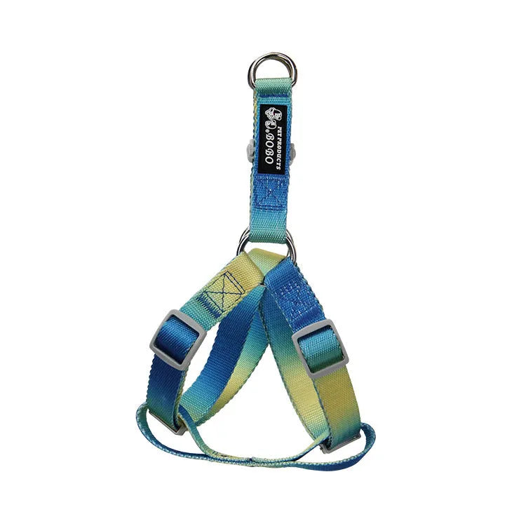 Gradient colour nylon dog leash set showing pink and yellow colour blend on a chest back harness style.