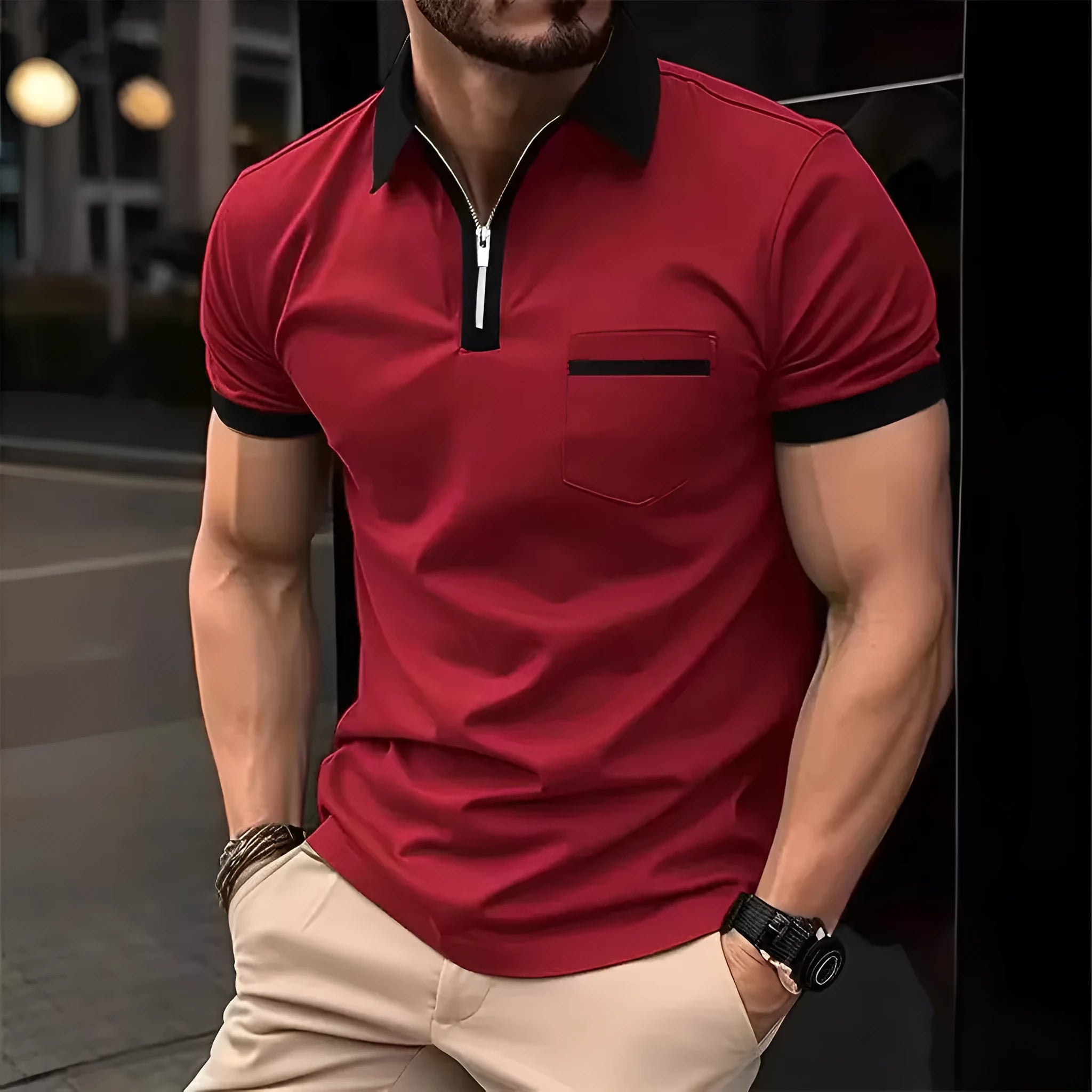 Men's casual short sleeve shirt with chest pocket in a loose fit, shown in a colour with contrasting collar.