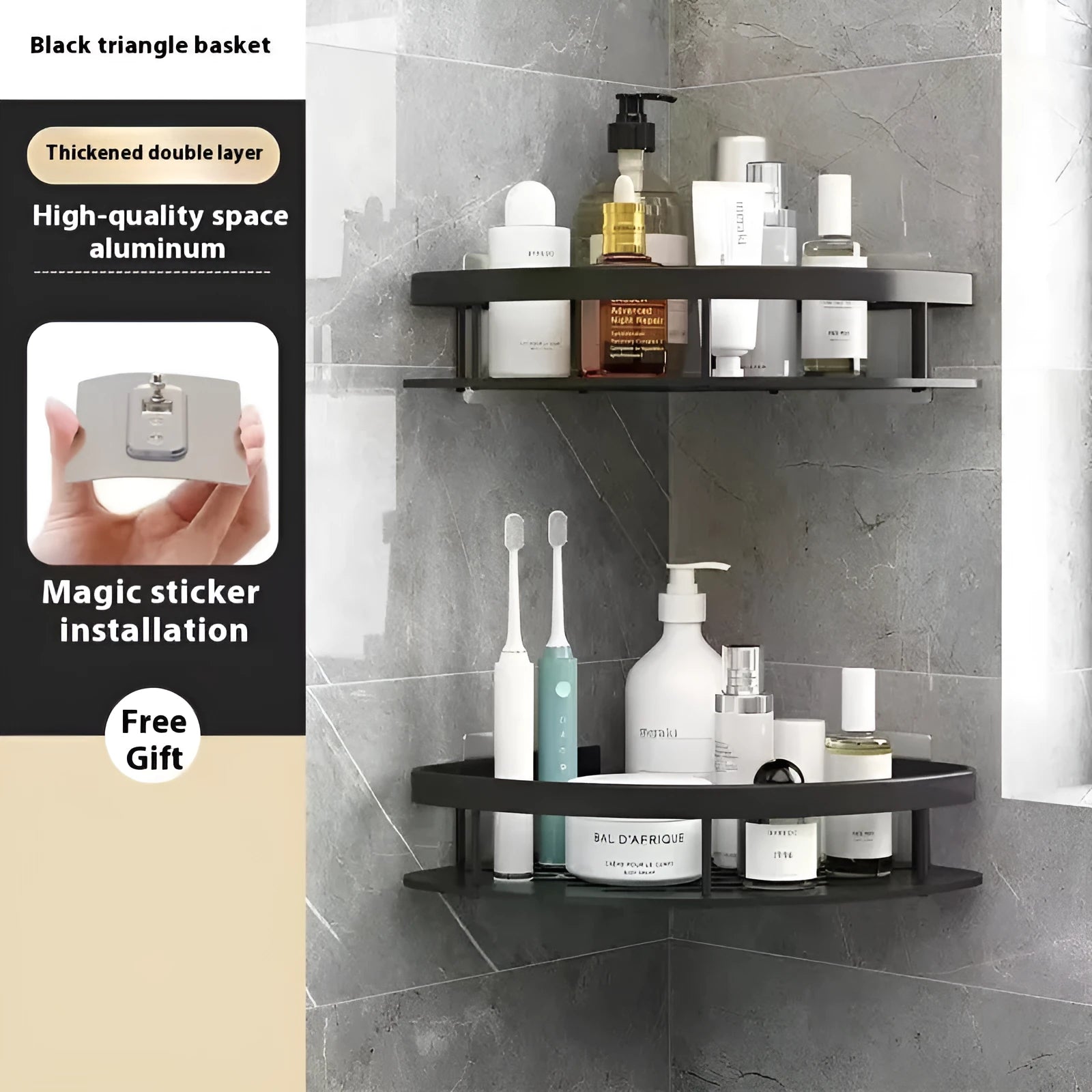 Black wide-brimmed double-layer triangle over-toilet storage rack mounted on a wall.