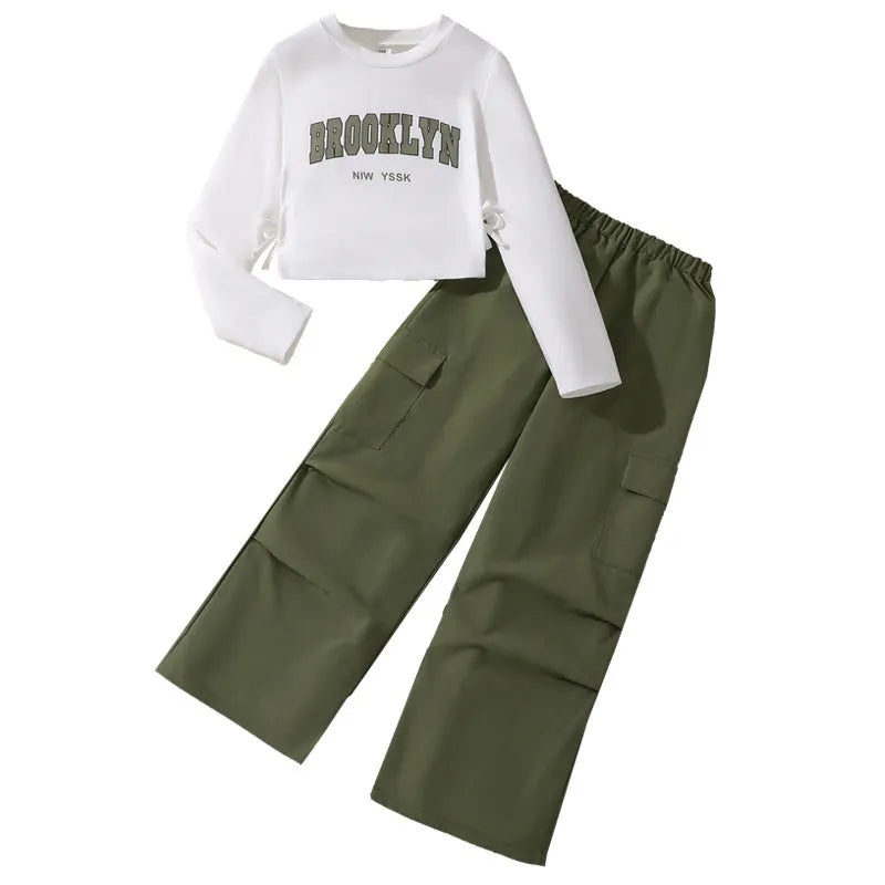 Girls' letter print long sleeve pullover sweater and wide leg pleated overalls set, cotton blend, five colours, 130-170cm