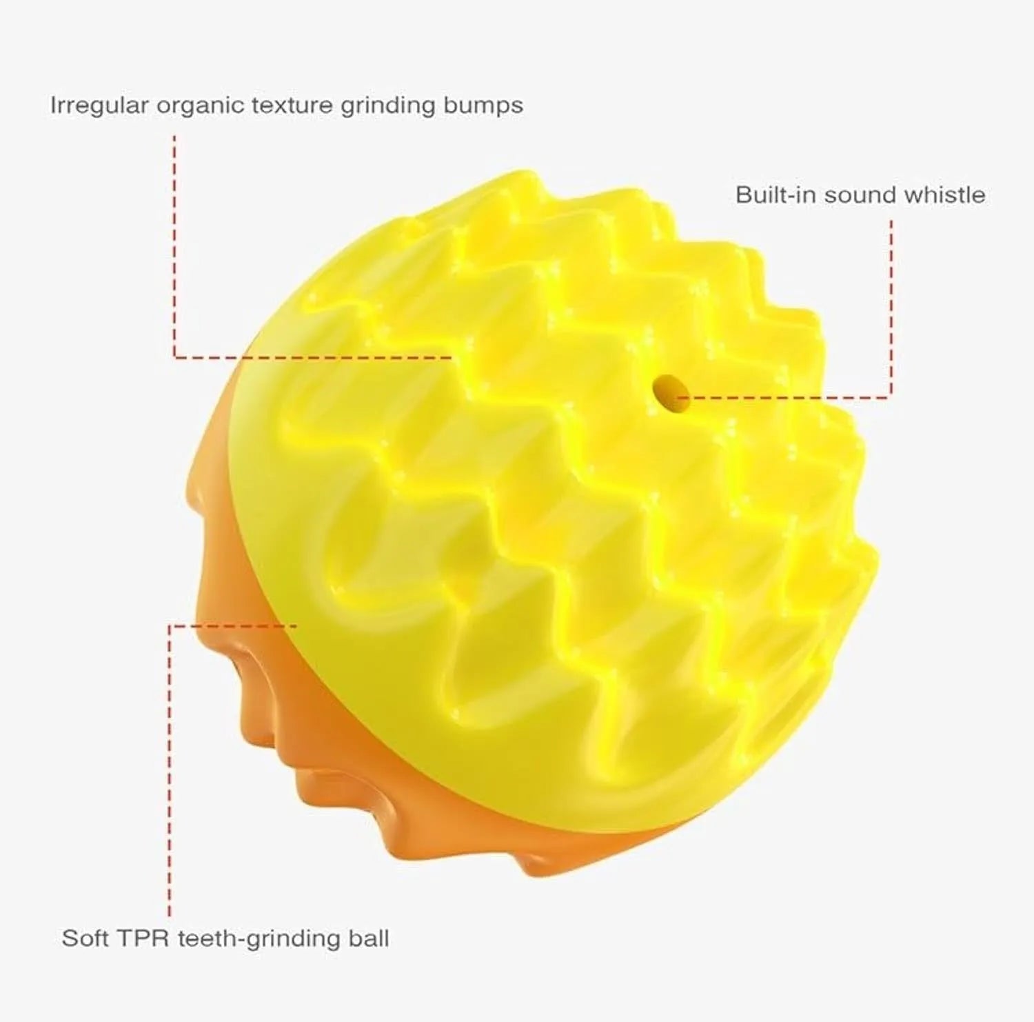 Blue and orange durable rubber squeaky dog ball with texture bumps for teeth cleaning.