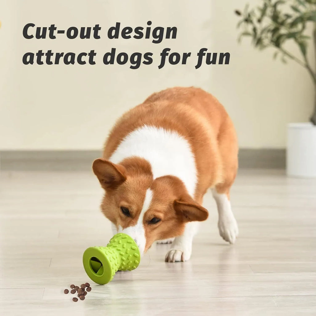 Blue natural rubber hollow dog bone treat dispensing toy with leakage holes.