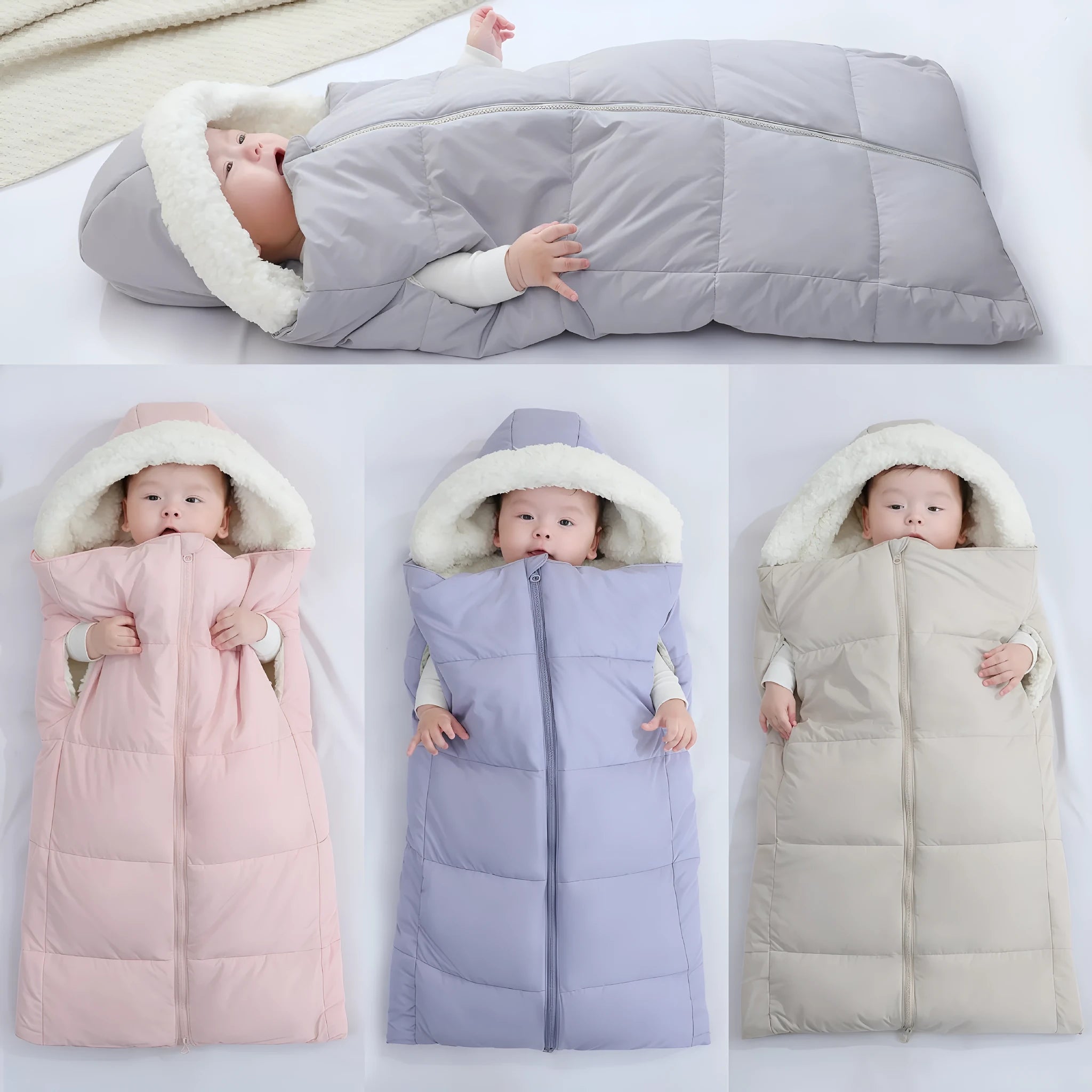 Baby sleeping bag in thickened fleece polyester, unfolded 70x90cm, available in four solid colours