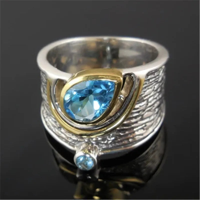 Blue Chinese-style women's ring with rhinestone detailing in drop shape, available in sizes 6 to 10.