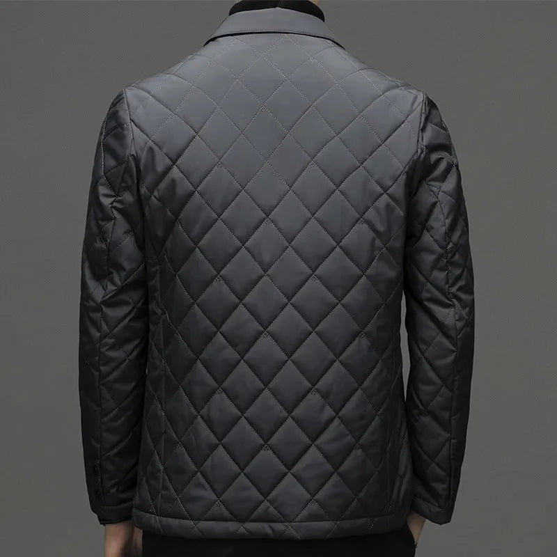 Men's thick lapel-style down jacket in a solid colour with side seam pockets.