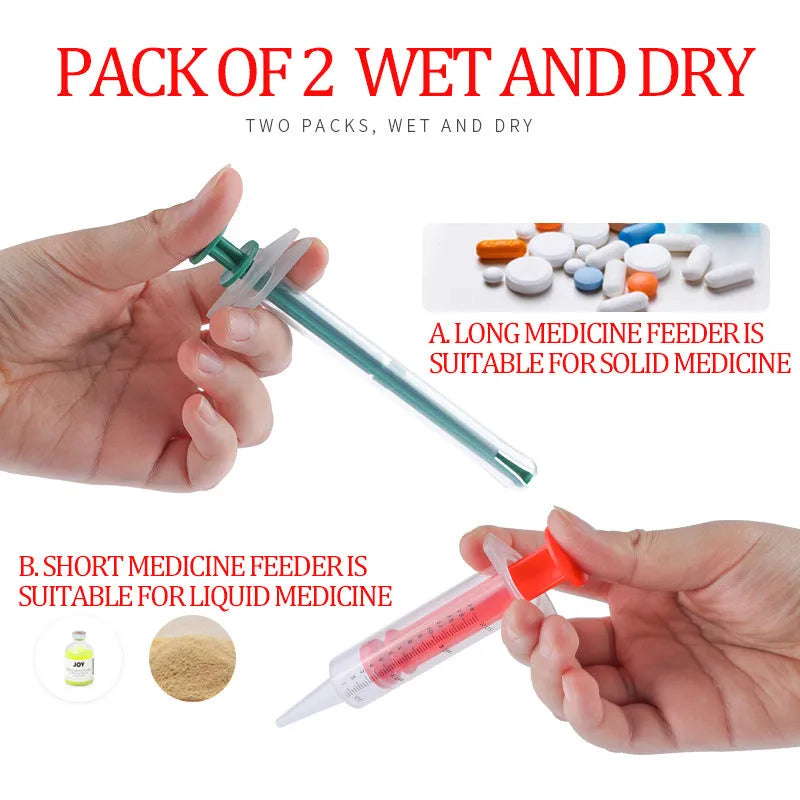 Two silicone pet pill shooter syringes, one 15cm and one 11.5cm, for feeding medication to cats and dogs.