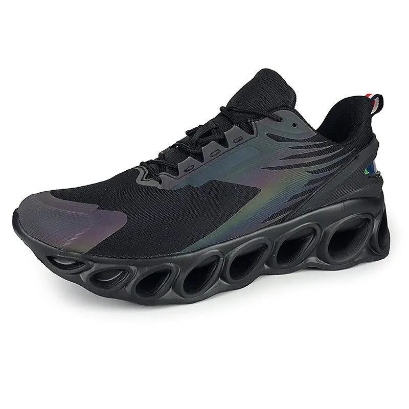 Men's black mesh casual sports shoes with white EVA sole and lace-up front on a white background.