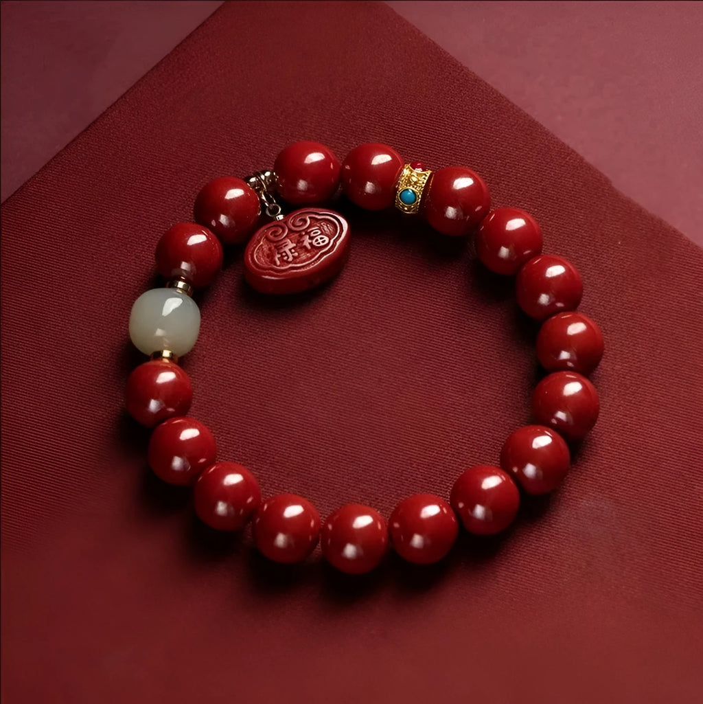 Natural cinnabar Emperor sandstone Ping An Fu Lu bracelet with 8mm or 10mm bead options