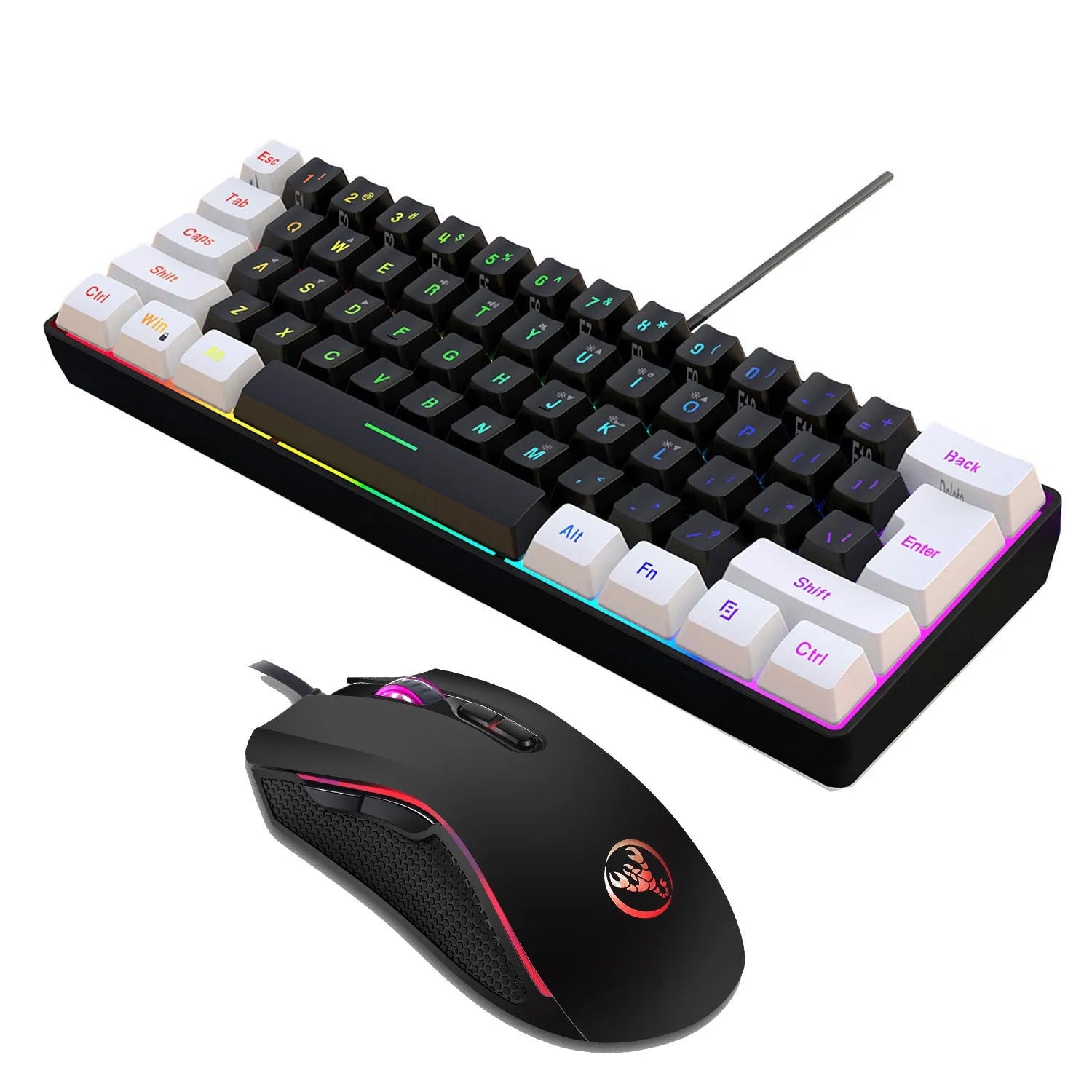 V700WB A869 white and black keyboard and mouse set with colour backlight on a desk.