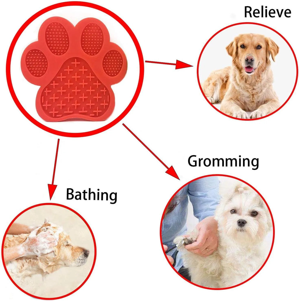 Blue silicone dog licking mat with bone-shape texture and suction cups on a tiled wall.