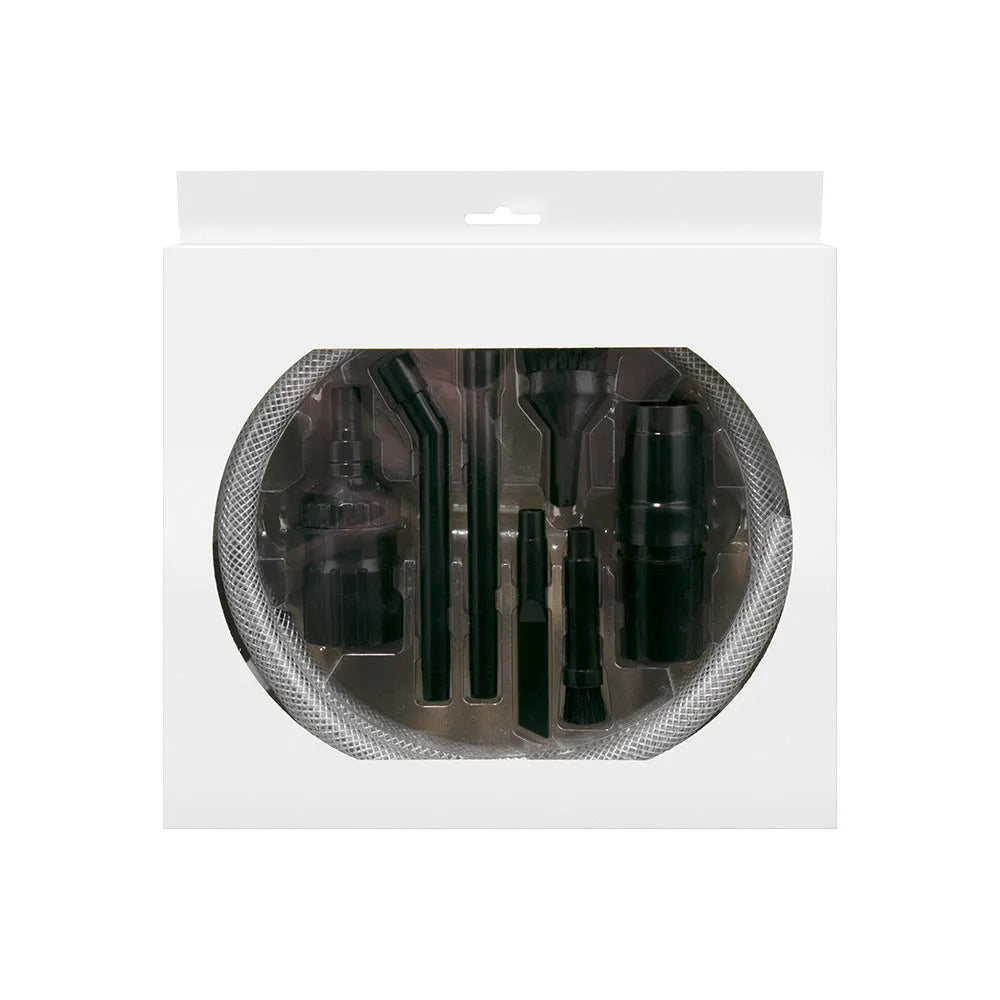 Eight-piece vacuum cleaner accessory set with small suction heads for confined space cleaning