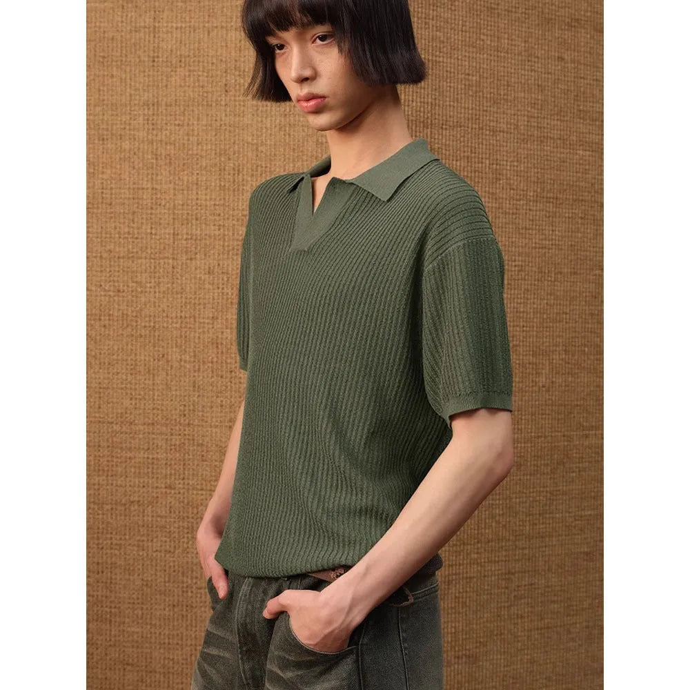 Men's loose fit polo shirt with business stripes in ice silk fabric, shown in creamy-white colour