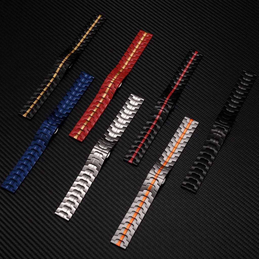 Stainless steel metal watch band for Samsung Galaxy Watch showing colour options on a watch case