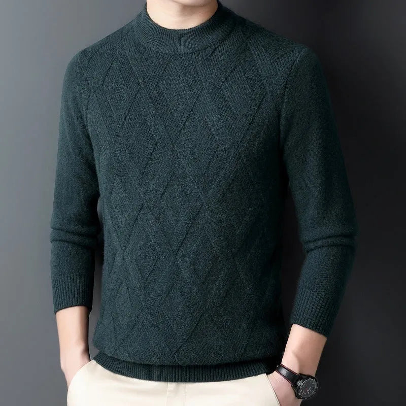Men's diamond jacquard winter wool sweater in light camel colour, plus size thermal pullover
