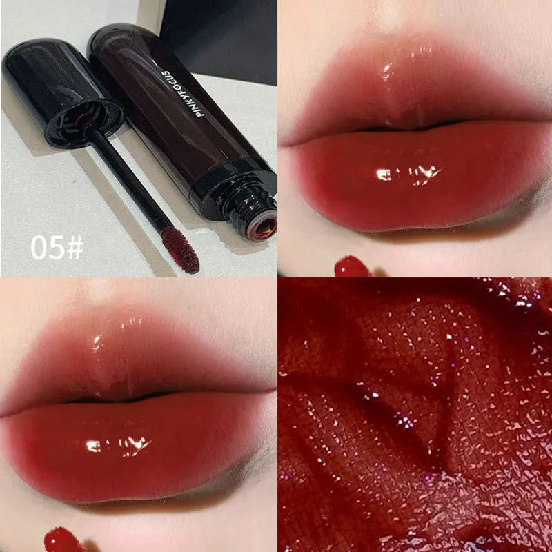 Black Shiny Makeup Mirror Lip Lacquer set showing six shades: black tomato, orange brown, bean paste, rose, red, and sweet potato.