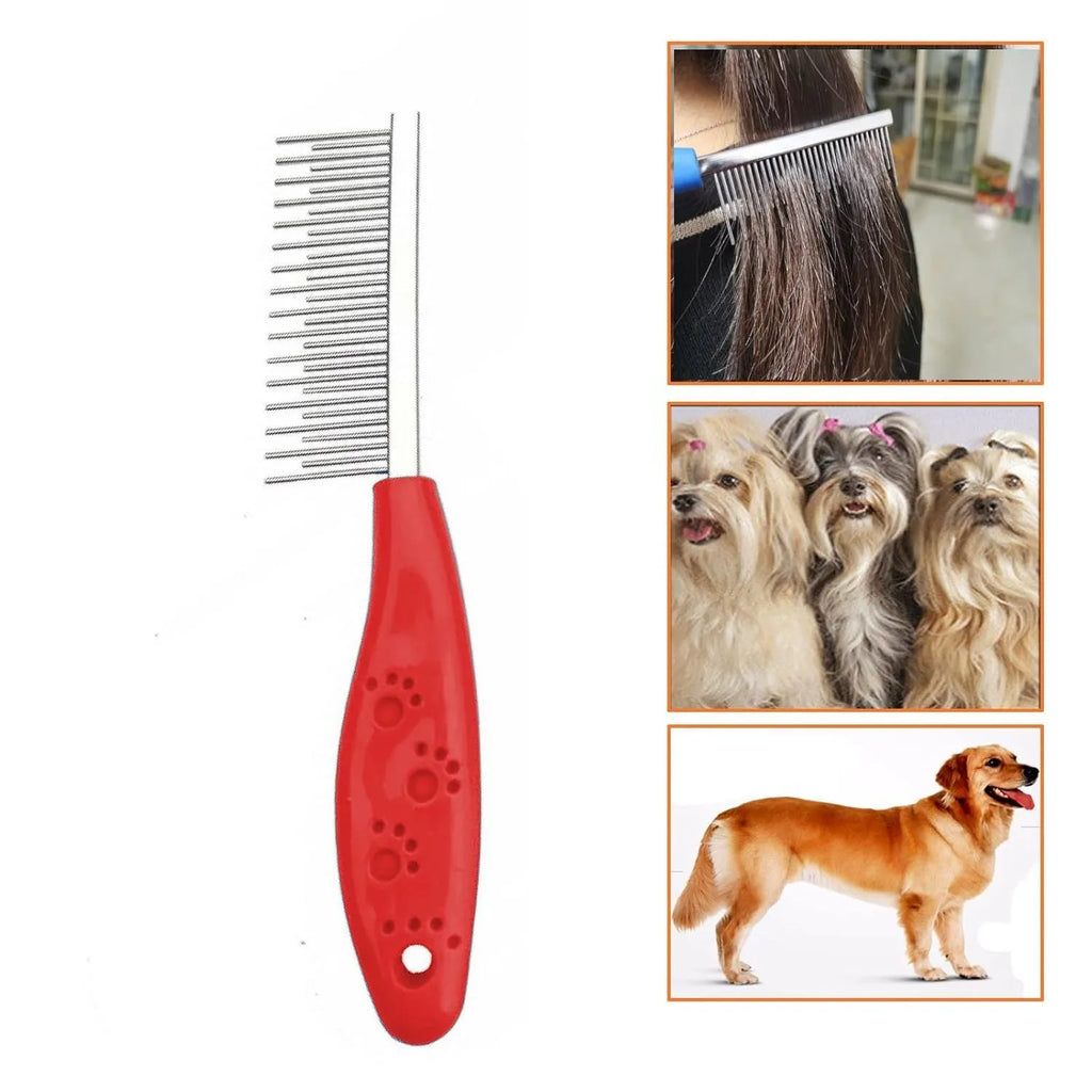 Red plastic handle pet grooming comb with stainless steel short and long teeth for dematting dogs and cats