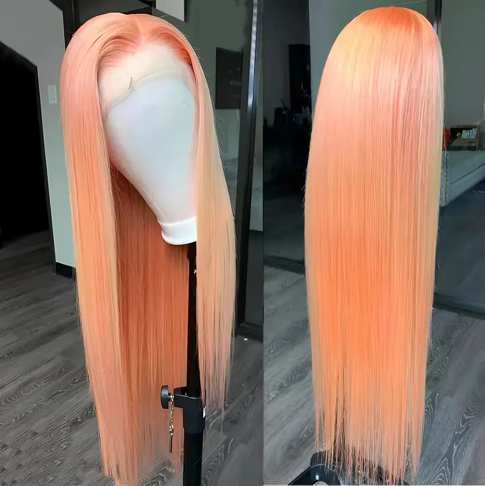 Light orange long straight front lace wig with side bangs on a mannequin head