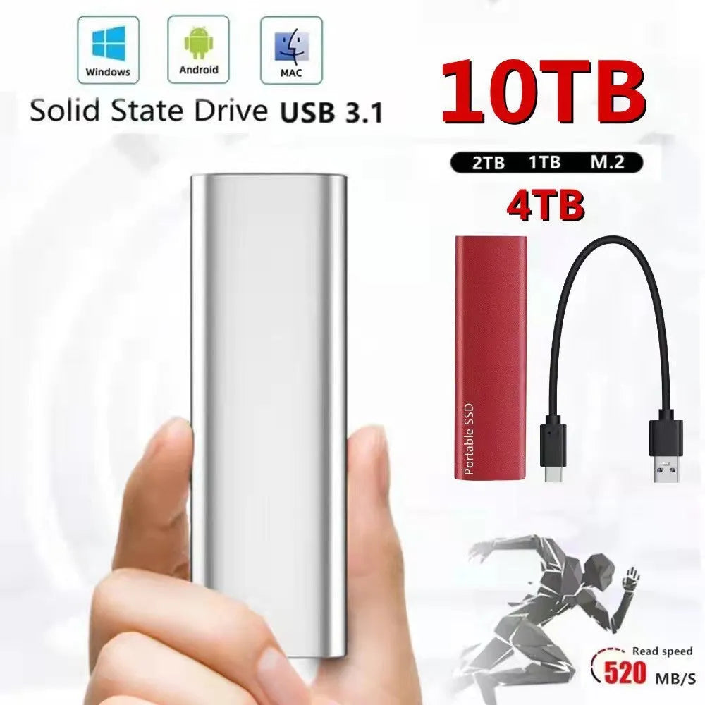 Metal-shell portable solid state drive with ultra-thin design on a desk.