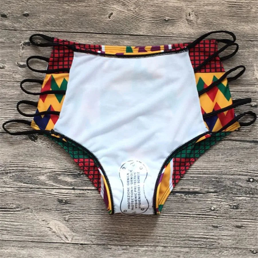 Women's high-waisted digital print bikini swimsuit with backless design