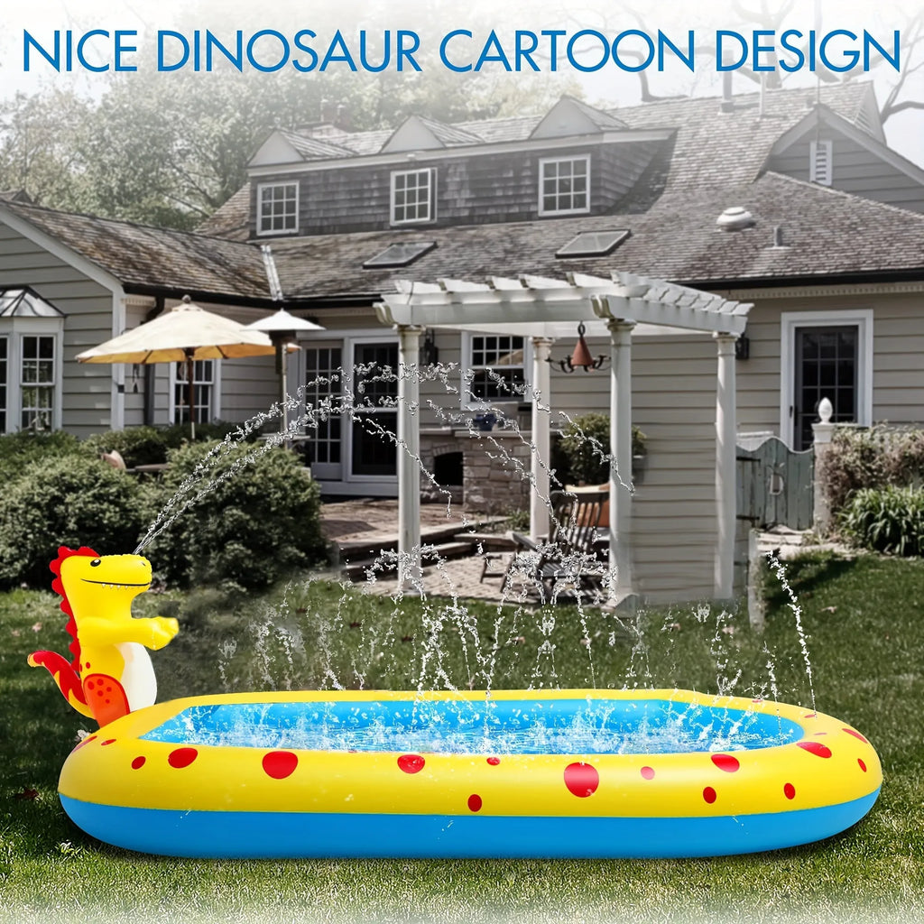 Blue dinosaur water spray pool measuring 170cm long with inflatable shark design for garden play